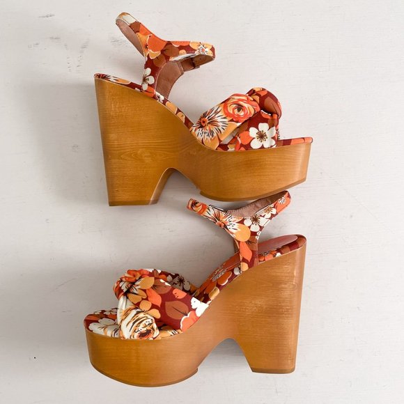 Jeffrey Campbell Orange & Brown Floral Jacy Wood Platform Wedge Sandals Size 8 - Picture 9 of 16